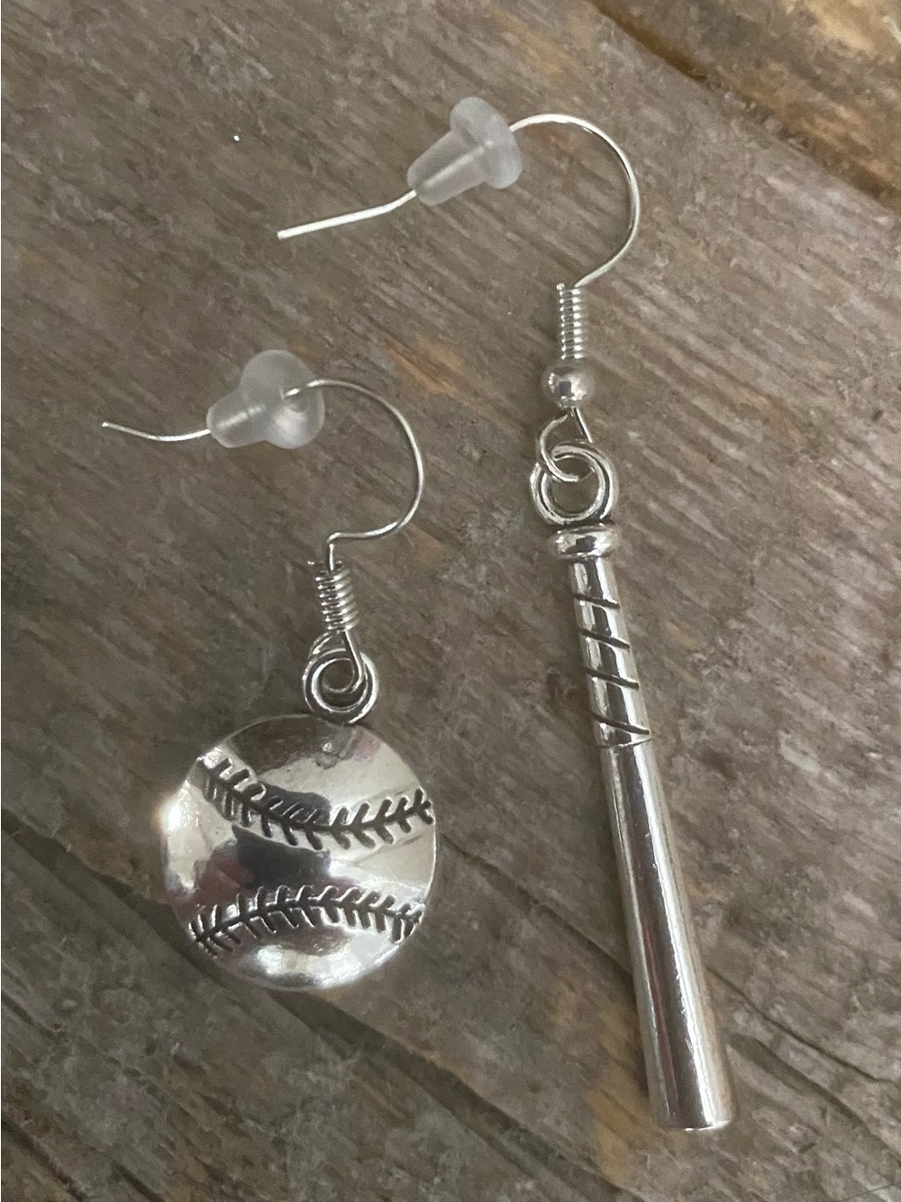Silver Baseball and Bat Dangle Handmade Earrings - Women Jewelry Earrings